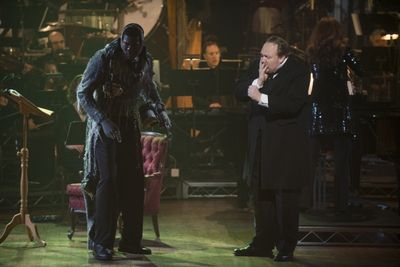 Kyle Scatliffe as Marley, Michael Lindner as Scrooge Photo