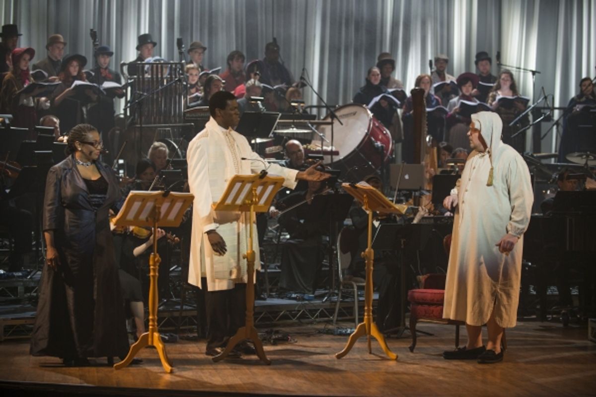 E Faye Butler as The Narrator, Kyle Scatliffe as the Ghost of Christmas Past and Michael Lindner as Scrooge at 