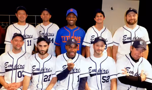 The cast of TAKE ME OUT includes  (seated from left): Rich Sabine, Kyle Colton, Barry Photo