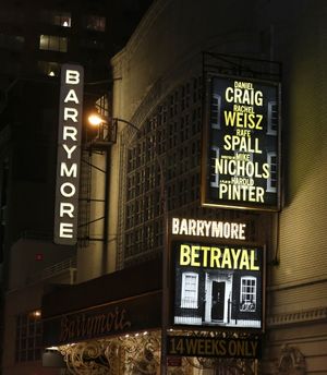 Opening Night Theatre Marquee for ''Betrayal'' at the Barrymore Theatre on October 27, 2013 in New York City. Harold Pinter''s landmark play Betrayal returns to Broadway starring Daniel Craig, Rachel Weisz and Rafe Spall. Mike Nichols directs the drama, @ BroadwayWorld Opening Night Theatre Marquee for ''Betrayal'' at the Barrymore Theatre on October 2 Photo