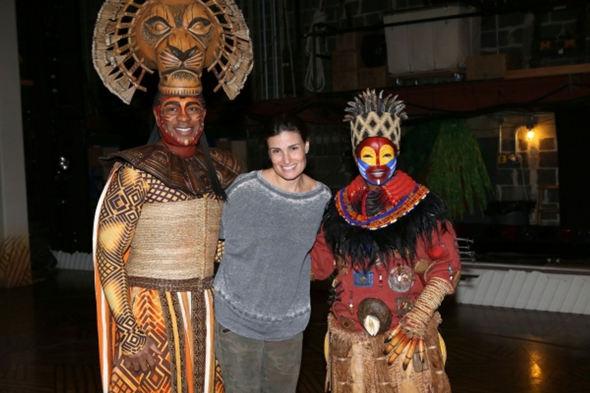 Alton Fitzgerald White as ''Mufasa'', Idina Menzel and Mukelisiwe Goba as ''Rafiki'' pose backstage after a performance of ''The Lion King'' at the Minskoff Theatre on January 12, 20114 in New York City. at 