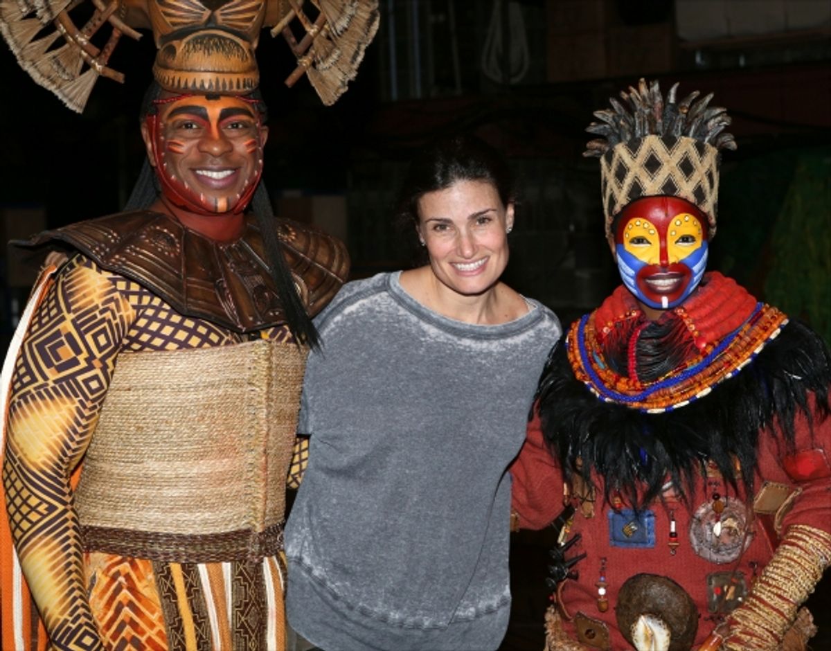 Alton Fitzgerald White as ''Mufasa'', Idina Menzel and Mukelisiwe Goba as ''Rafiki'' pose backstage after a performance of ''The Lion King'' at the Minskoff Theatre on January 12, 20114 in New York City. at 
