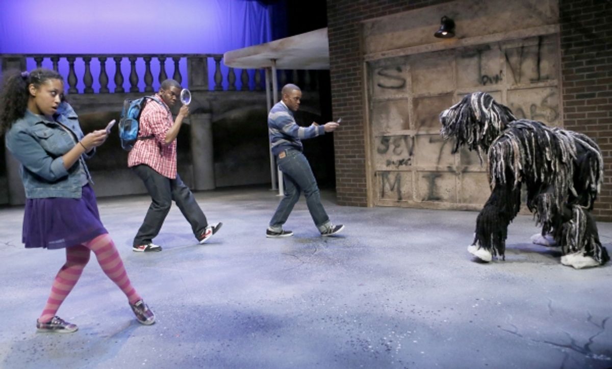 Flint Future Detective Richelle (Ashley Elizabeth Honore), Steven (Jonathan Butler-Duplessis) and Russell (Travis Turner) think Zoopy the dog (puppeteer Sam Deutsch) may have a clue about a mysterious dollar bill theyÃ¢â‚¬â„¢ve found with too many zeroes  at 