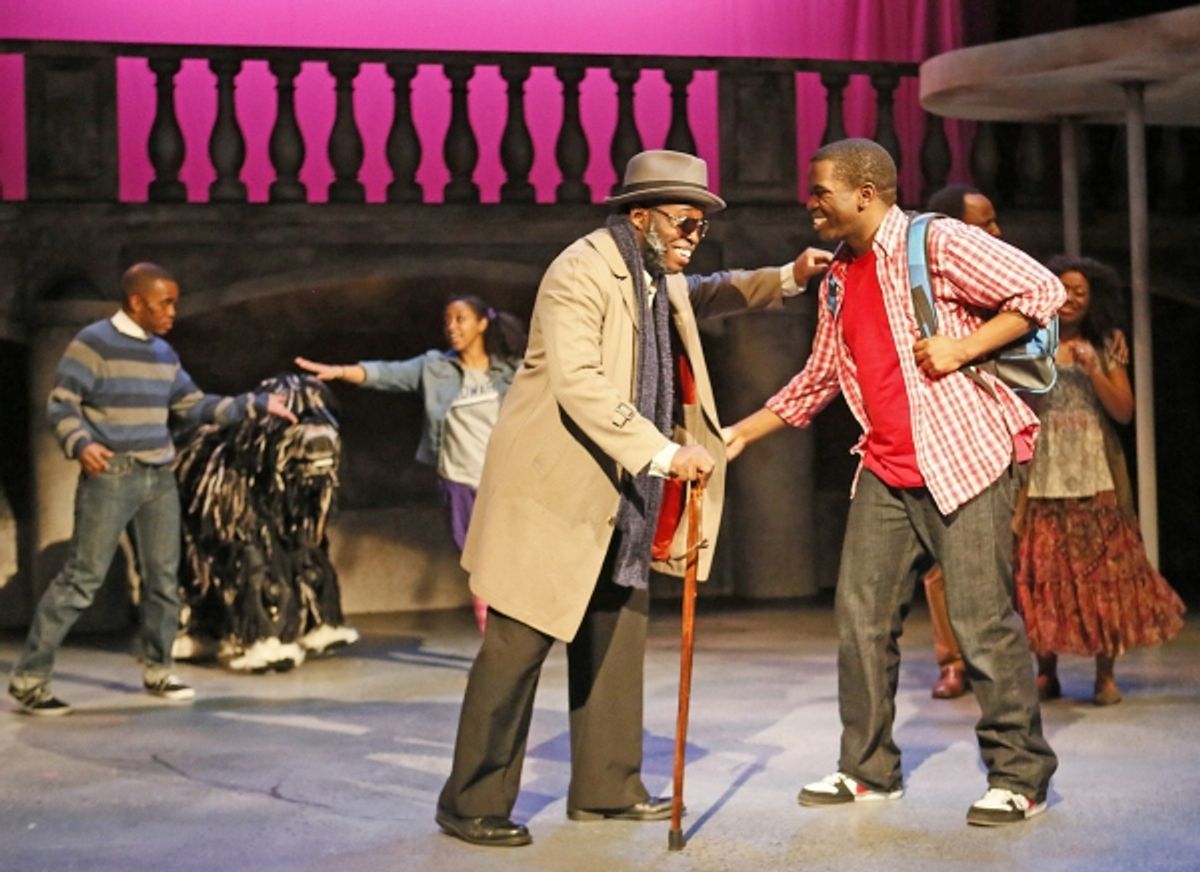 (foreground, from left) Mr. Chickee (Yaw Agyeman) entrusts 10-year-old Steven (Jonathan Butler-Duplessis) to solve a mystery about a dollar bill with too many zeroes and an unexpected face at 