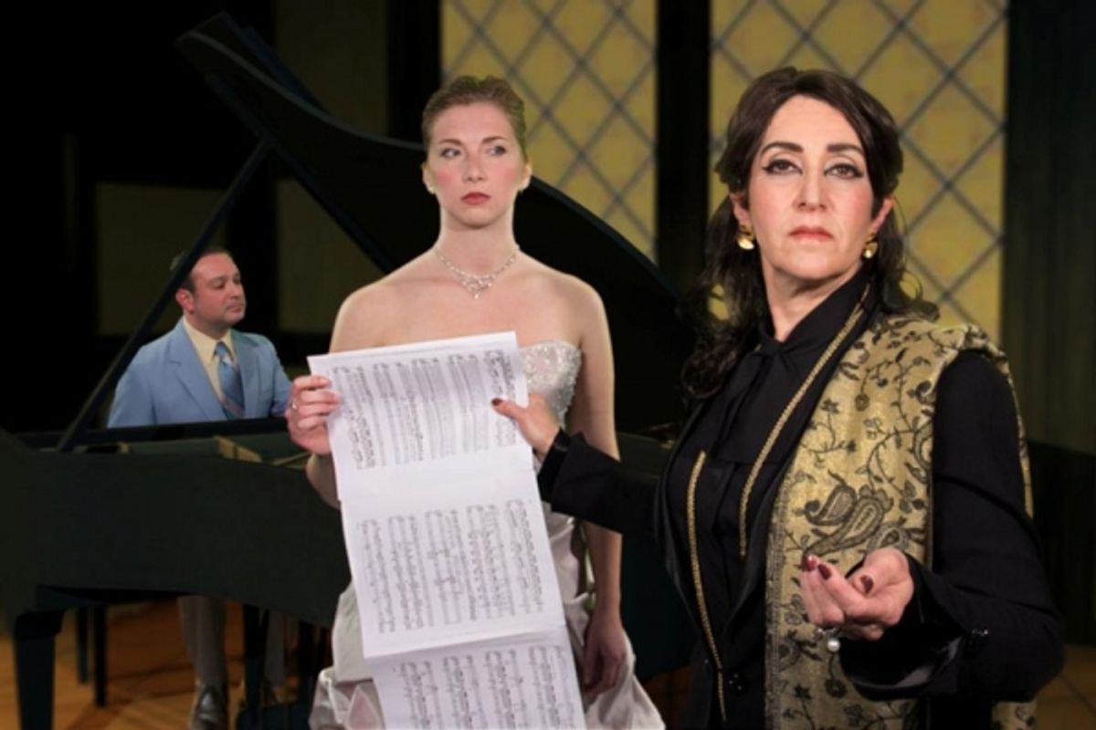 Andrew Monath of New Hope as accompanist Manny Weinstock; Eileen S. Cooper of Hamilton as soprano Sharon Graham and Laurie Hardy of Hamilton as Maria Callas at 