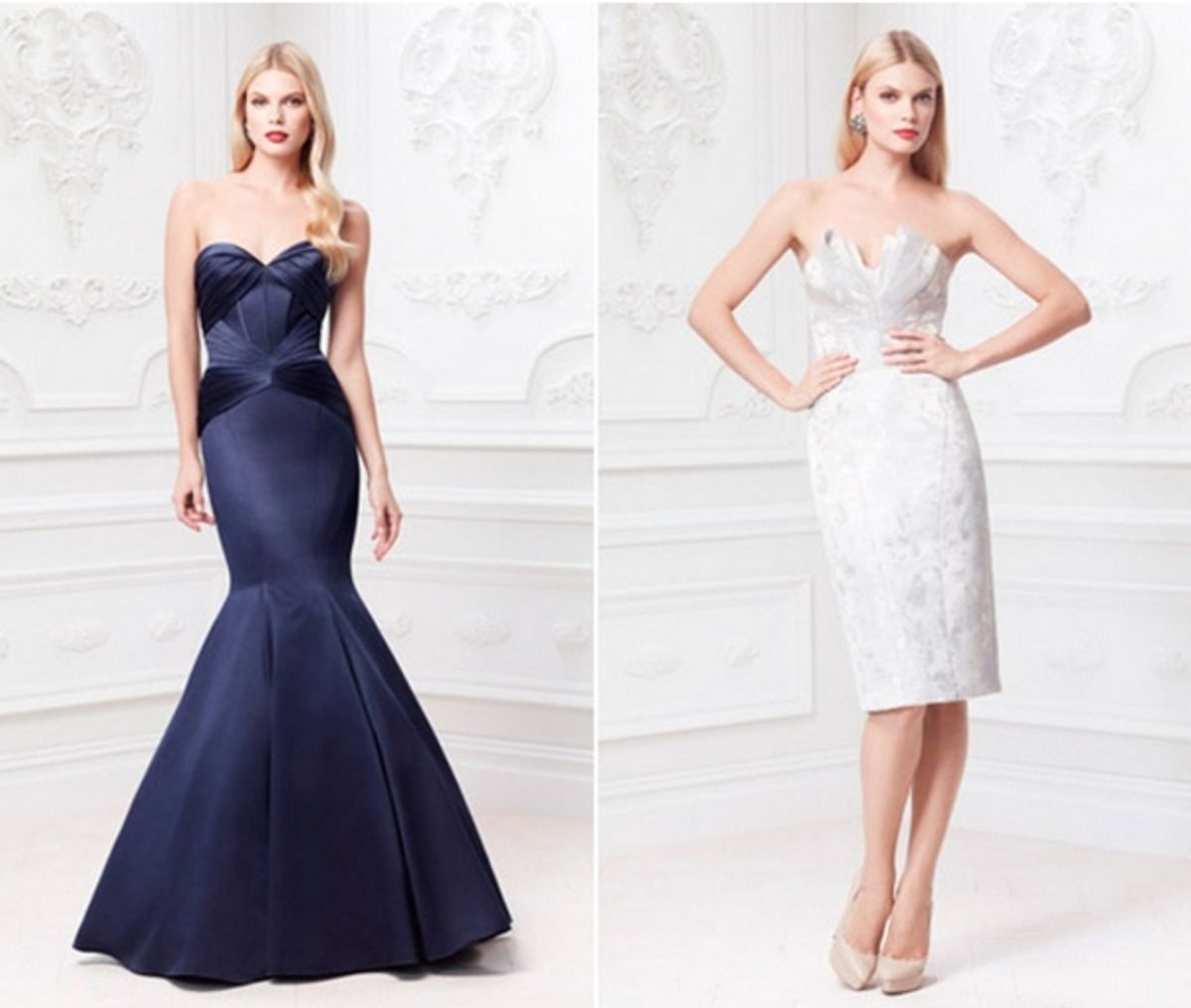 Strapless Satin Fit and Flare Gown with corset seam detailing and body contouring pleats; Strapless signature Zac Posen petal-detailed bodice with fitted body, defined by curved seaming in exclusive jacquard fabric at Truly Zac Posen Collection Debuts for Davids Bridal