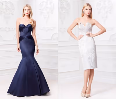 Strapless Satin Fit and Flare Gown with corset seam detailing and body contouring ple Photo