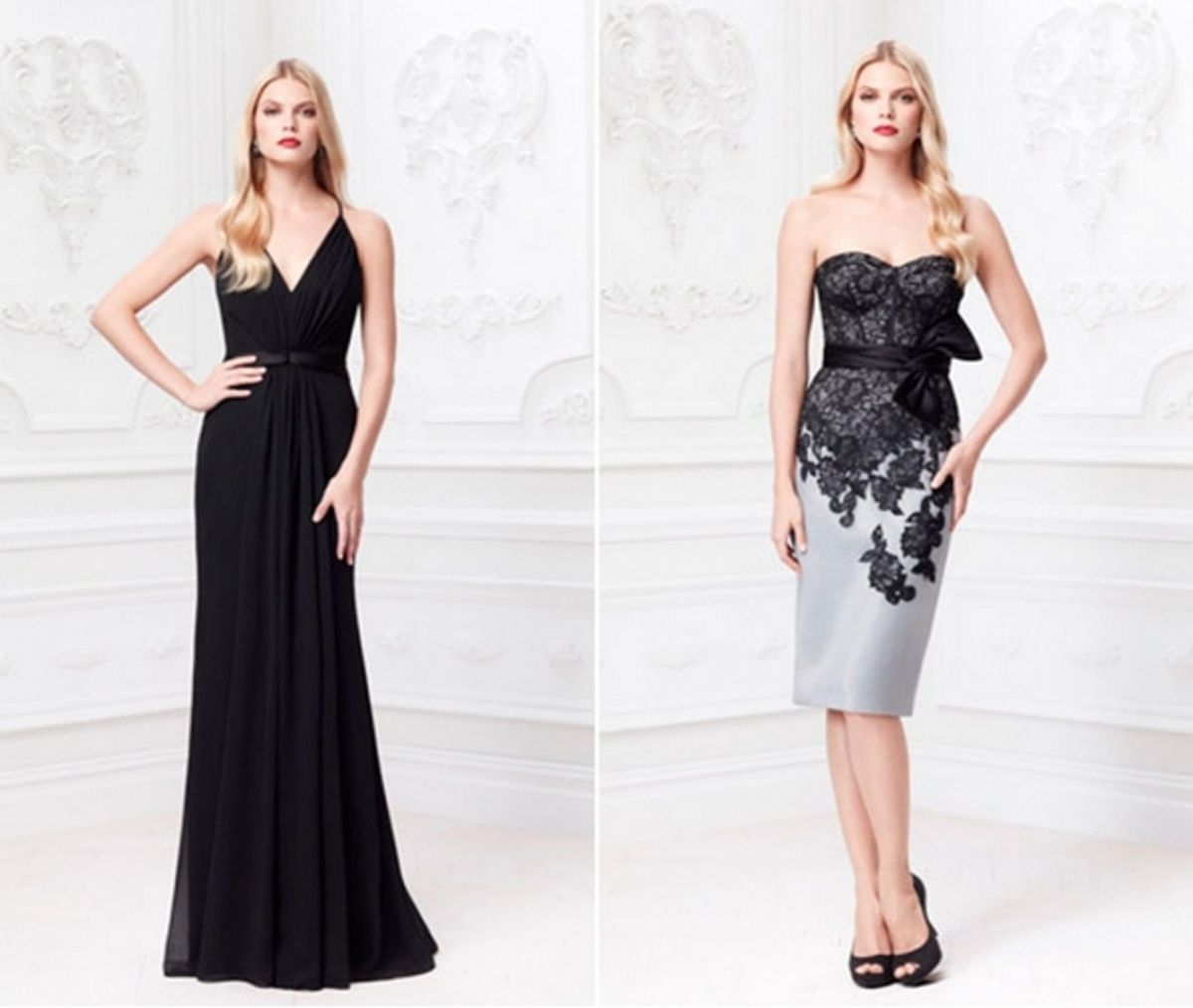 Crinkle Chiffon deep V-neck gown with satin covered buttons and sheer lace back; Lace-Over-Organza with signature corset details and cascading lace appliques at Truly Zac Posen Collection Debuts for Davids Bridal