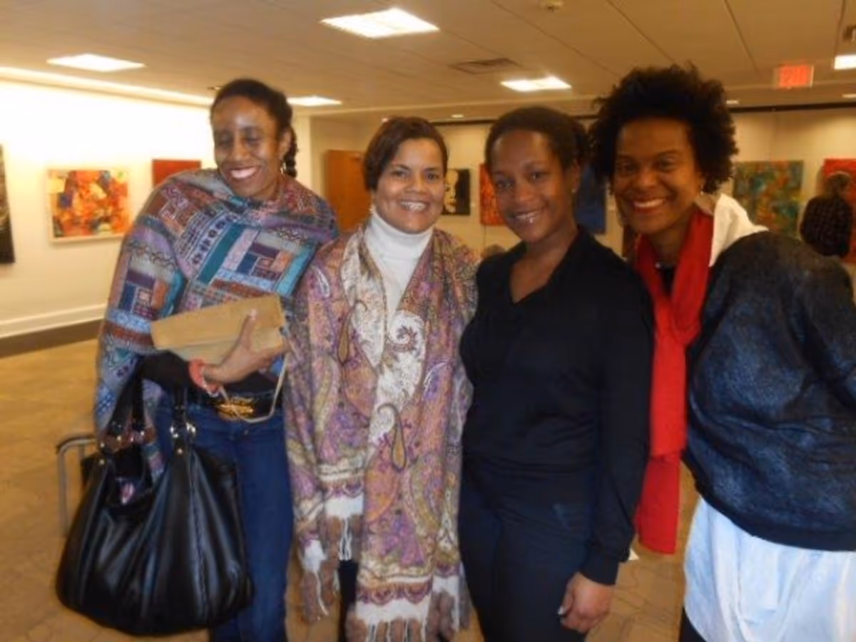 Up from D.C.  for the show, Beverly Russell, Stacie Fabre, Sonya Baskerville and artist Jacquelyn Flowers at Look Back - Black History Month Double Celebration at Southampton Cultural Center Curated by Tina Andrews