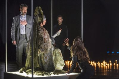 Billy Campbell as Leontes, Natacha Roi as Hermione, A.Z. Kelsey as Florizel, and Maya Photo