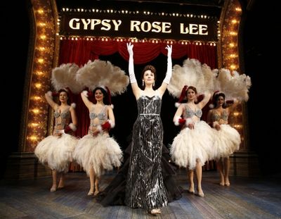 Gypsy Rose Lee (Jessica Rush) emerges as a star flanked by Showgirls (left to right,  Photo