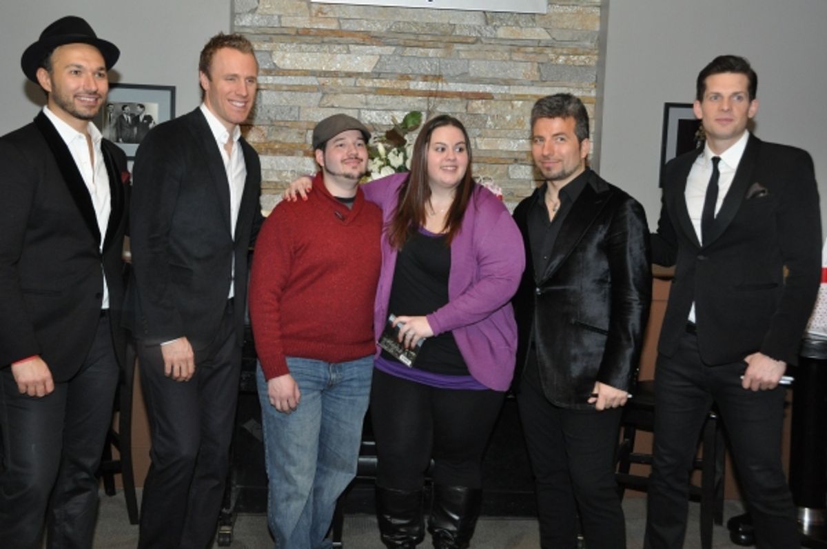 The Valentines Day Couple-Daniel Reano and Nicole Sullivan who got engaged on the stage pose with Victor Micallef, Fraser Walters, Remigio Pereira and Clifton Murray at 