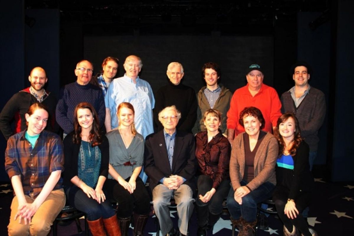 Nick Gaswirth, Reathal Bean, Anthony Blaha, Paul Murphy, Tony Roberts, Matt Dengler, David Green and Anthony Apicella;  (Seated, L to R Allison Carr, Rosemary Hemingway, Emily Daly, composer Sheldon Harnick, Nancy Johnston, Judy Kaye and Laura Darrell at 
