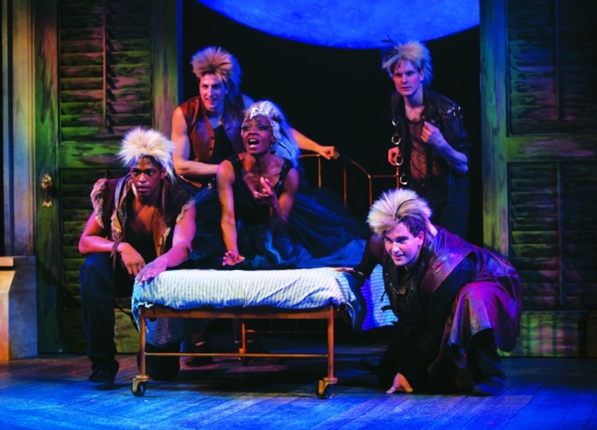 Surrounded by her fairy attendants (left to right: Justin Cornwell, Wesley Daniel, Michael Finley, Max Fabian), Titania (Lanise Antoine Shelley) is enchanted by a love potion at 