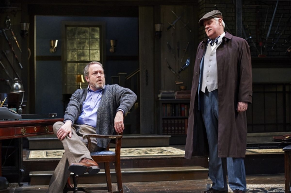 Actors Tom Ford (right, as the seasoned playwright Sidney Bruhl) and Aled Davies (left, as Sidney''s lawyer Porter Milgrim)  at 