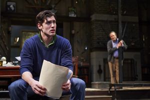 Suspense builds when actors Nick Steen (front, as the young writer Clifford Anderson) and Tom Ford (behind, as the seasoned playwright Sidney Bruhl) share a surprising moment @ BroadwayWorld Suspense builds when actors Nick Steen (front, as the young writer Clifford Anderson) Photo