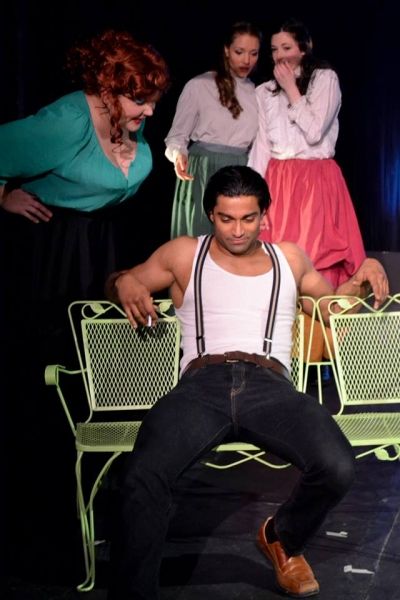 Gerrard Lobo as Liliom with Kim Rogers as Mrs. Muskat, Sara Hymes as Marie and Morgan Photo