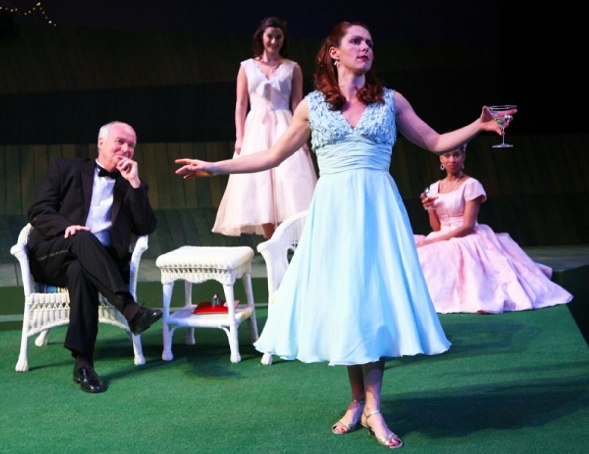 Leonato (David McCann), Margaret (Olivia Saccomanno) and Ursula (Khetanya Henderson) are entertained by Beatrice (Sarah Wintermeyer)  at 