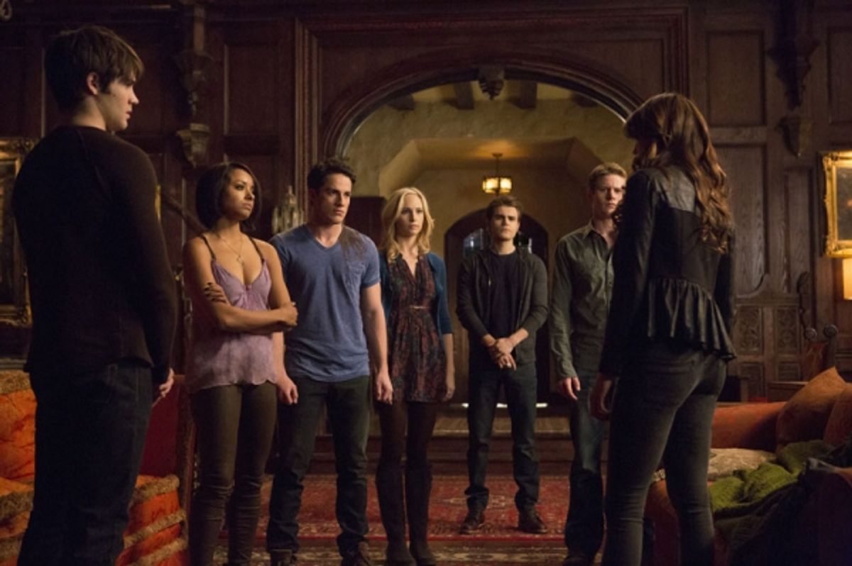The Vampire Diaries -- ''Gone Girl'' -- Image Number: VD515a_0005.jpg -- Pictured (L-R): Steven R. McQueen as Jeremy, Kat Graham as Bonnie, Michael Trevino as Tyler, Candice Accola as Caroline, Paul Wesley as Stefan, Zach Roerig as Matt and Nina Dobrev as at 