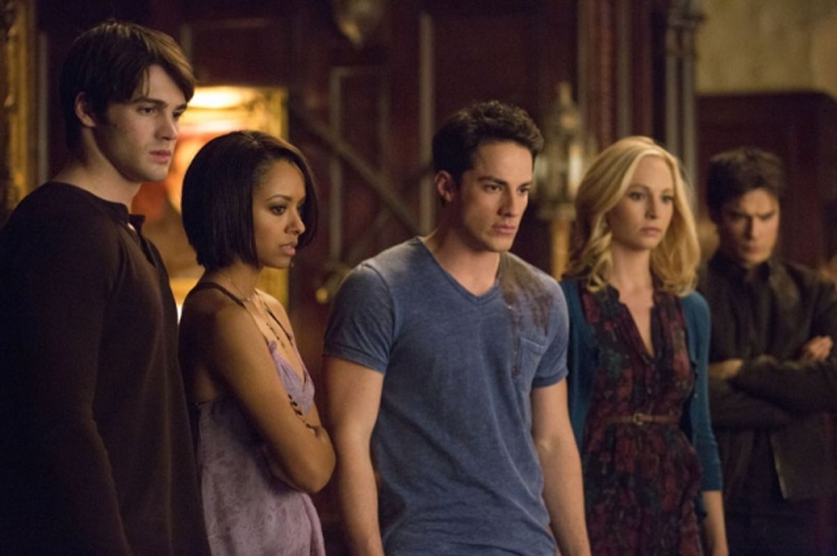The Vampire Diaries -- ''Gone Girl'' -- Image Number: VD515a_0133.jpg -- Pictured (L-R): Steven R. McQueen as Jeremy, Kat Graham as Bonnie, Michael Trevino as Tyler, Candice Accola as Caroline and Ian Somerhalder as Damon -- Photo: Blake Tyers/The CW -- & at 