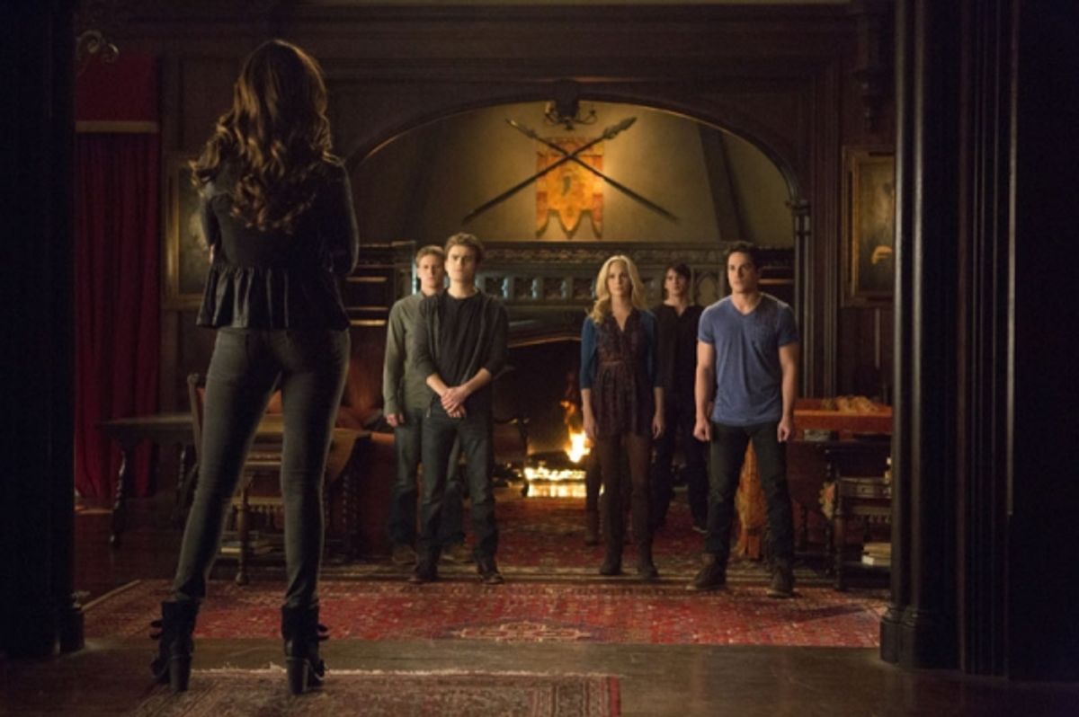The Vampire Diaries -- ''Gone Girl'' -- Image Number: VD515a_0156.jpg -- Pictured (L-R): Nina Dobrev as Katherine (back to camera) with Zach Roerig as Matt, Paul Wesley as Stefan, Candice Accola as Caroline, Steven R. McQueen as Jeremy and Michael Trevino at 