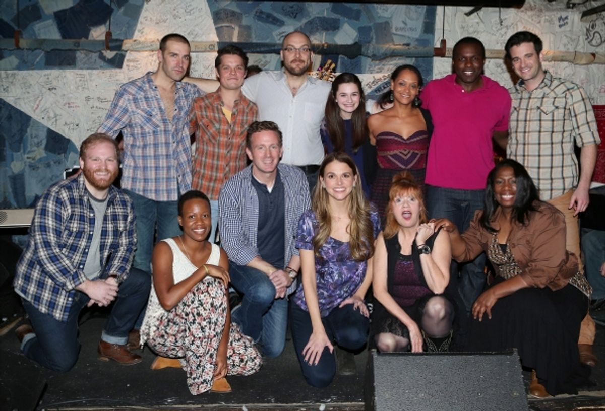 Front row: Jacob Keith Watson, Virginia Ann Woodruff, Ben Davis, Sutton Foster, Annie Golden, Anastacia McCleskey, Second row: Charlie Pollock, Austin Lesch, Alexander Gemignani, Emerson Steele, Rema Webb, Joshua Henry and Colin Donnell  at 