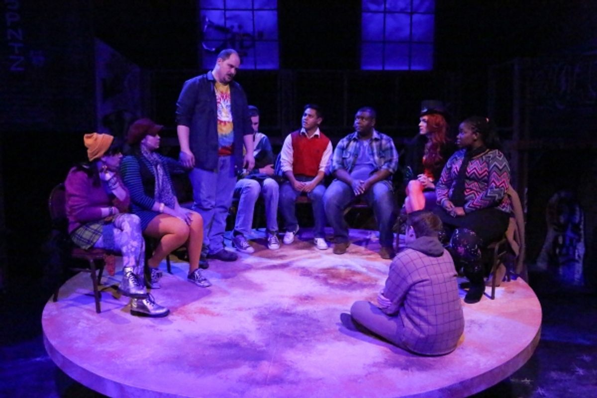 Zachary Allen Farmer (standing) and the cast, singing ''Life Support'' at 