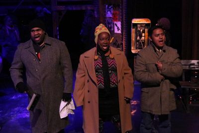 Robert Lee Davis III, Melissa Harris, and Kevin Corpuz as homeless people, singing '' Photo