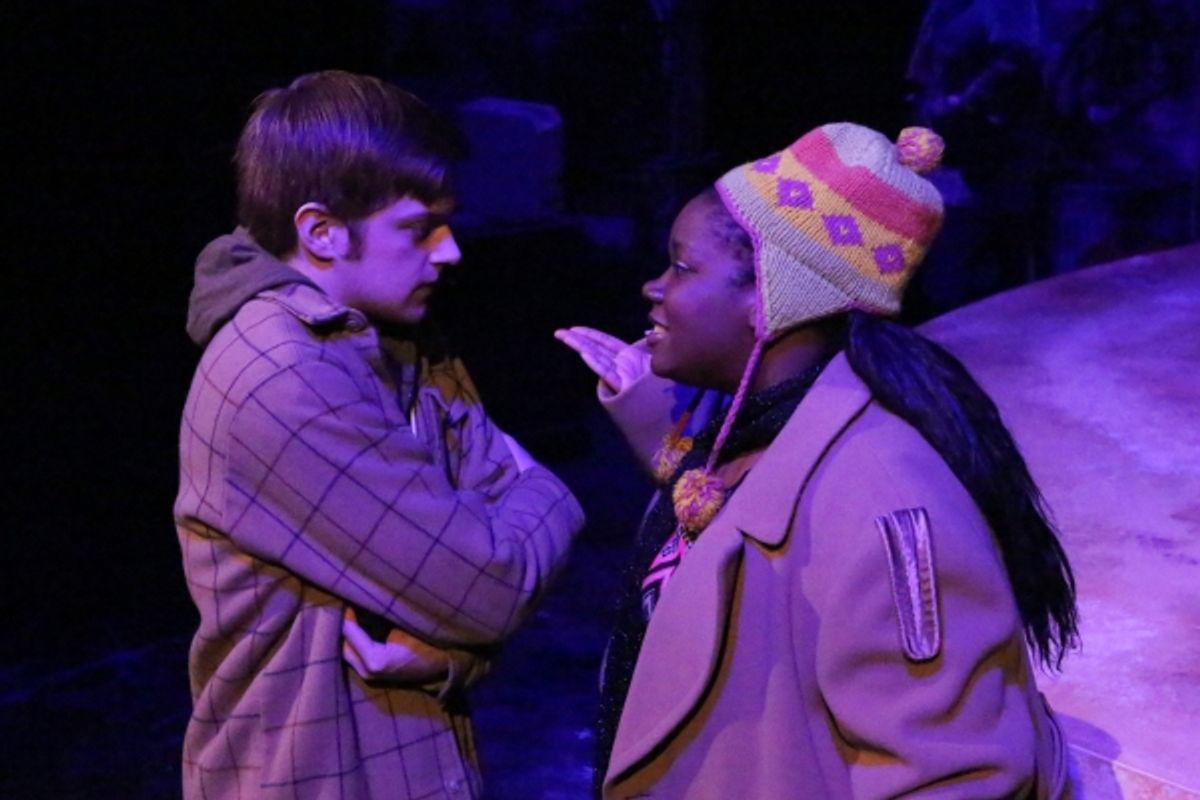 Jeremy Hyatt (Mark) being confronted by Melissa Harris (as an angry homeless woman), in ''On the Street'' at 