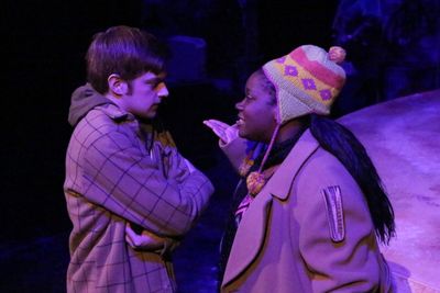 Jeremy Hyatt (Mark) being confronted by Melissa Harris (as an angry homeless woman),  Photo
