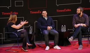 New York Times reporter Melena Ryzik with James Franco and Chris O'Dowd @ BroadwayWorld New York Times reporter Melena Ryzik with James Franco and Chris O'Dowd Photo