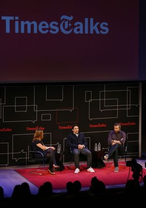 New York Times reporter Melena Ryzik with James Franco and Chris O'Dowd @ BroadwayWorld New York Times reporter Melena Ryzik with James Franco and Chris O'Dowd Photo