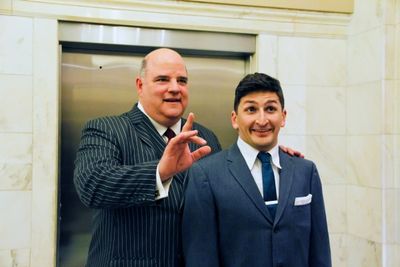 Fred Zimmerman as Mr. Biggley and Tyler Ravelson as J. Pierrepont Finch Photo
