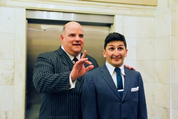 Fred Zimmerman as Mr. Biggley and Tyler Ravelson as J. Pierrepont Finch Photo