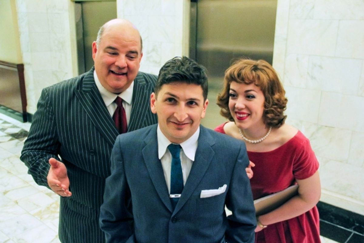 Fred Zimmerman as Mr. Biggley, Tyler Ravelson as J. Pierrepont Finch and Elizabeth Telford as Rosemary at 