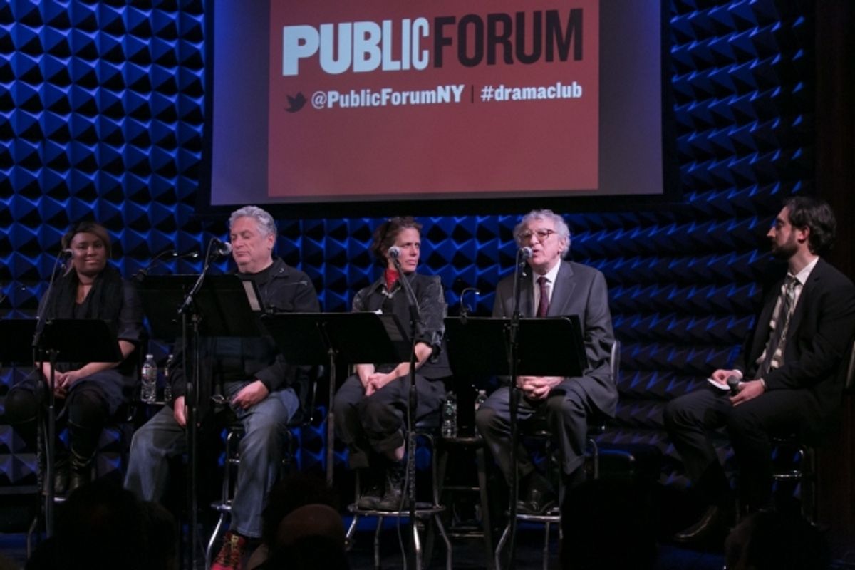 Taneisha Duggan, Harvey Fierstein, Jenny Romaine, Sheldon Harnick, and the Director of Public Forum Jeremy McCarter at 