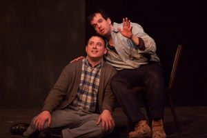 Michal (Neil Battinelli l.) listens to a story being told by Katurian (Tom Mazzarella Photo