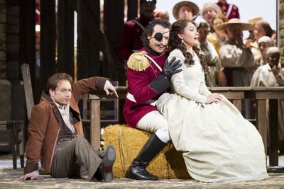 Stephen Costello as Nemorino, Simone Alberghini as Sergeant Belcore, and Ailyn Perez  Photo