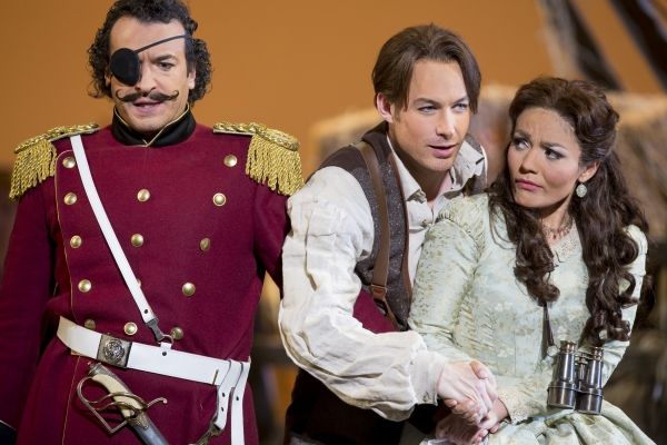 Simone Alberghini as Sergeant Belcore, Stephen Costello as Nemorino, and Ailyn Perez  Photo