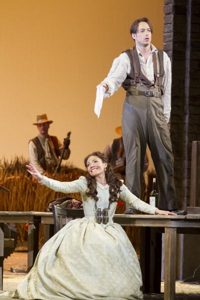 Ailyn Perez as Adina and Stephen Costello as Nemorino Photo