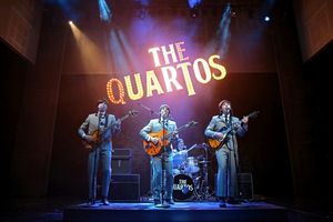 The Quartos: Bryan Fenkart as Claude, Lucas Papaelias as Balth, James Barry as Pedro (on drums), and David Wilson Barnes as Ben @ BroadwayWorld The Quartos: Bryan Fenkart as Claude, Lucas Papaelias as Balth, James Barry as Pedro Photo