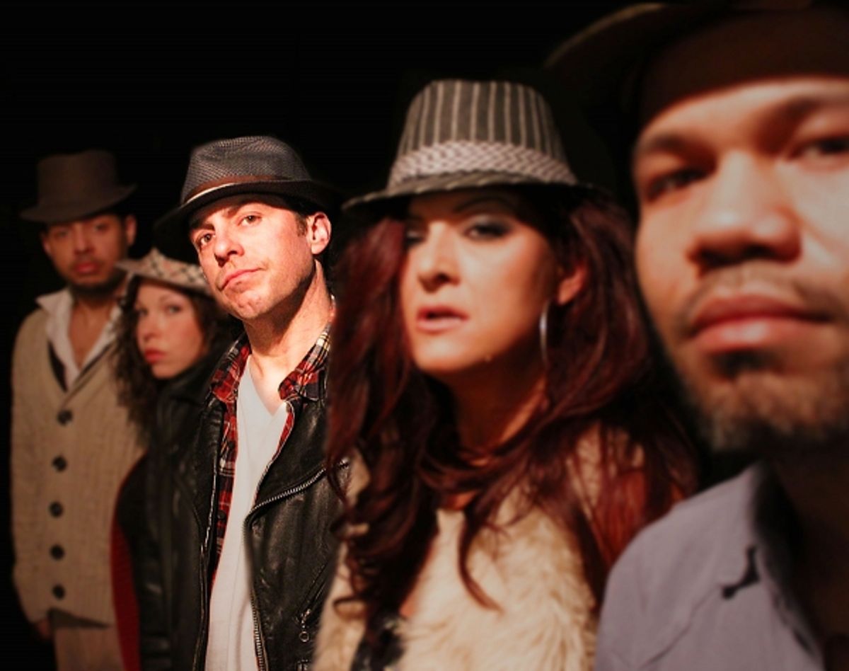 The cast of The Motherf**er with the Hat are: (left to right) Brian Marable, Vanessa Sawson, Travis Reiff, Amy Probst, and Sean Rodriquez Sharpe. at 