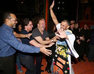 Dennis Stowe with Clifton Davis, director Casey Nicholaw and company  Photo