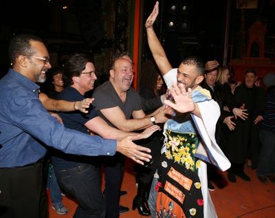 Dennis Stowe with Clifton Davis, director Casey Nicholaw and company  Photo