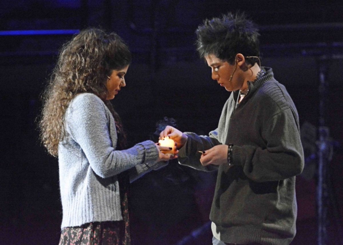 Mimi (Ava Gallo) and Roger (Zac Gottschall) in Light My Candle at 