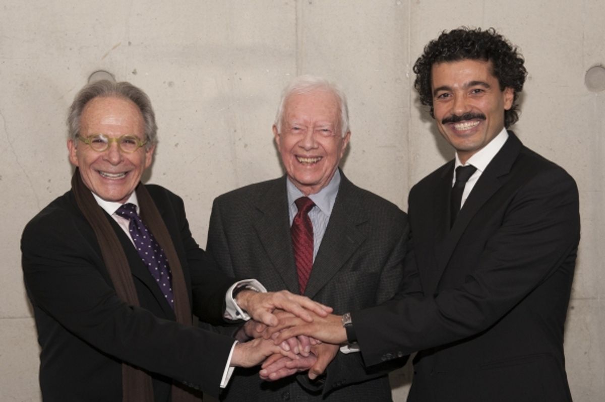 Ron Rifkin (as Menachem Begin), President Jimmy Carter and Khaled Nabawy (as Anwar Sadat)  at 