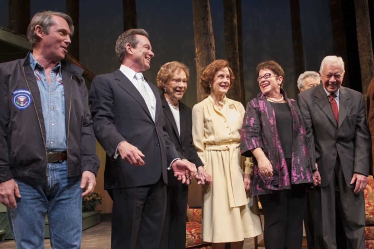 President Jimmy Carter and Rosalynn Carter join the company of Camp David onstage for the opening night curtain call at Arena Stage at the Mead Center for American Theater. (L to R) Cast member Richard Thomas (as Jimmy Carter), playwright Lawrence Wright, at 