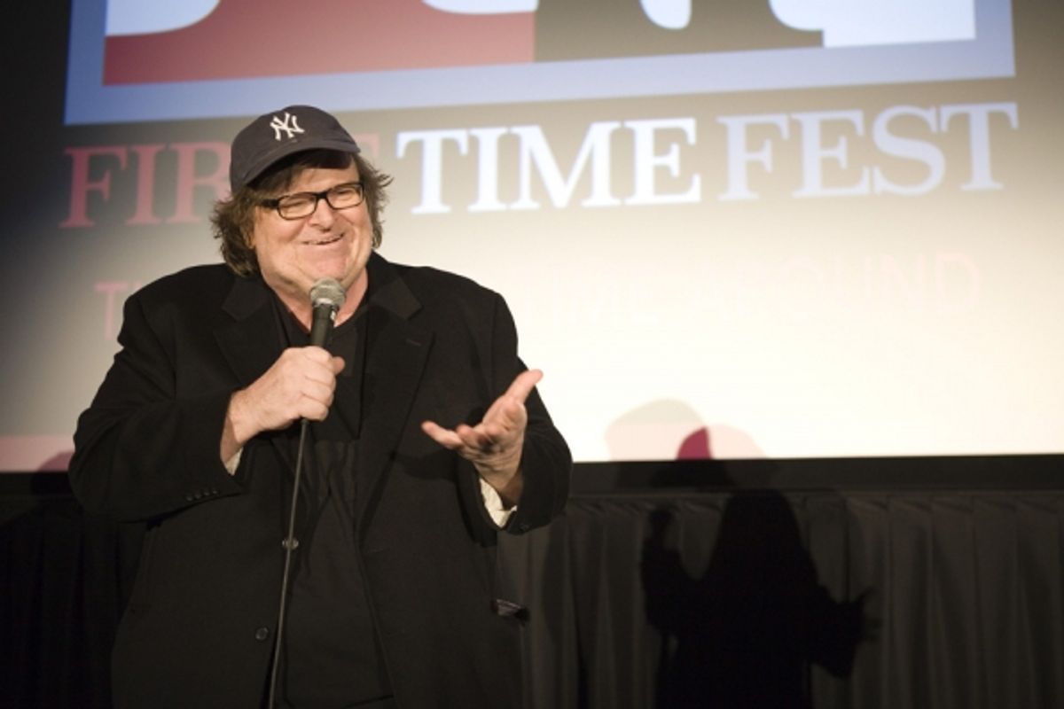 Michael Moore chatting with the audience following the FIRST TIME FEST screening of ROGER AND ME at 