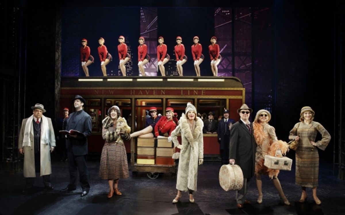 (foreground) Vincent Pastore, Nick Cordero, Karen Ziemba, Marin Mazzie, Brooks Ashmanskas, Helene Yorke and Betsy Wolfe with the Cast of BULLETS OVER BROADWAY at 