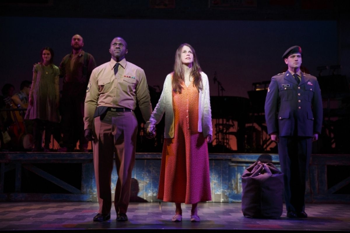Background: Emerson Steele, Alexander Gemignani. Foreground: Joshua Henry, Sutton Foster, Colin Donnell at 